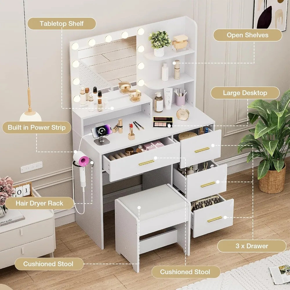 Makeup Vanity with Lights and Mirror White Vanity Desk with Storage