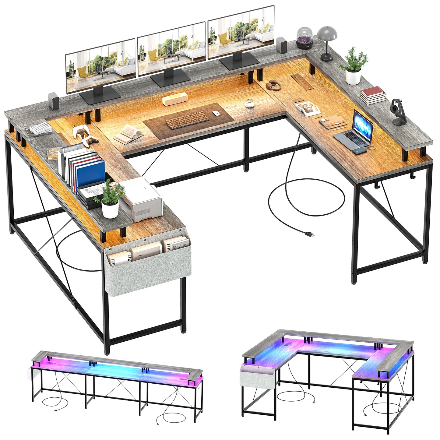 Modern L-Shaped Computer Desk with LED Lights Power Outlet and Shelves
