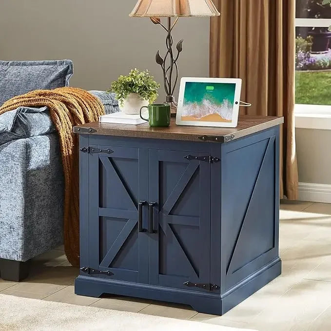 Farmhouse End Table with Charging Station Rustic Wood Nightstand 24"