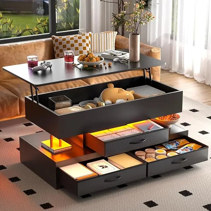 40 Inch Lift Top Coffee Table with Storage Drawers LED Modern Furniture