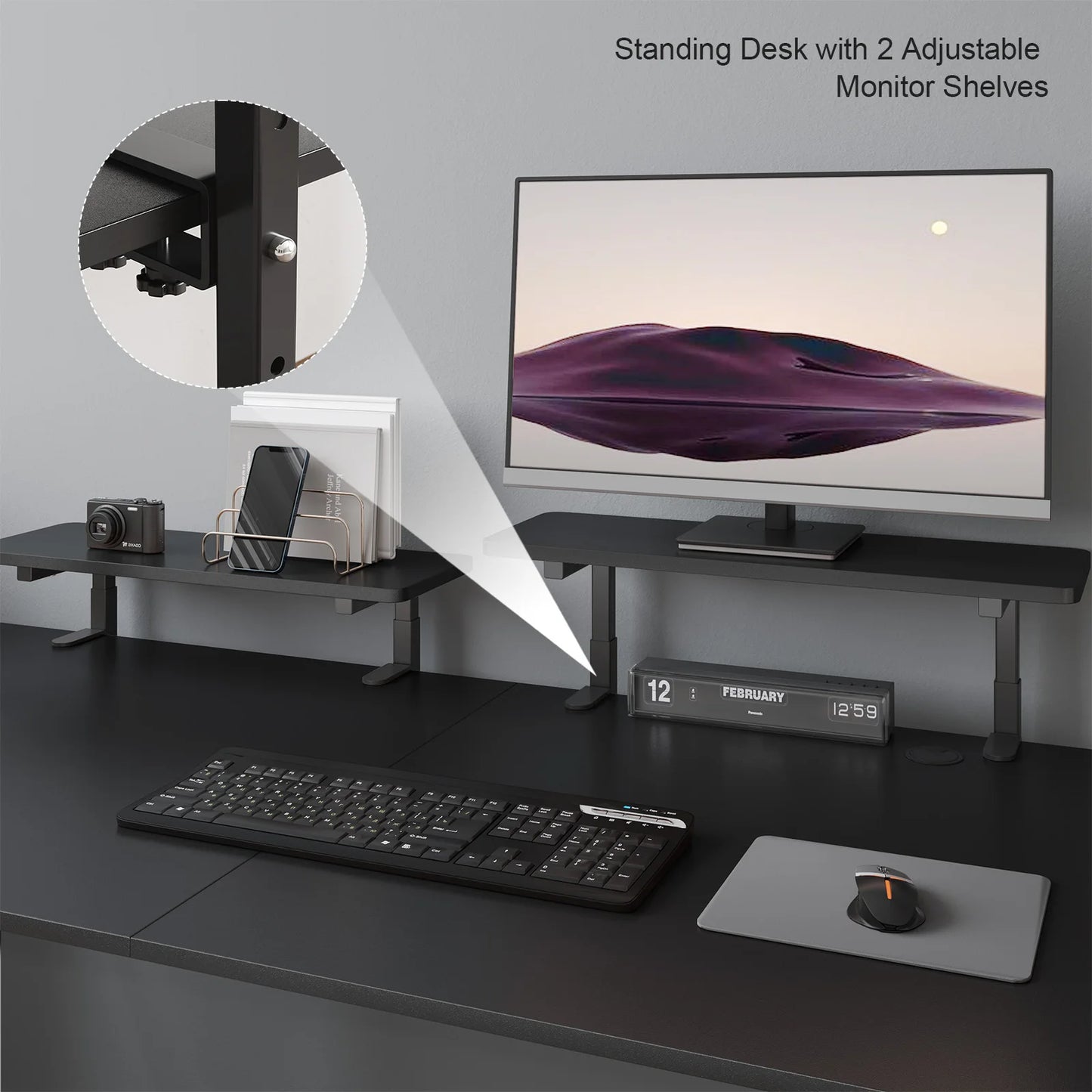 Electric Standing Desk with Adjustable Monitor Shelves and Memory Controller