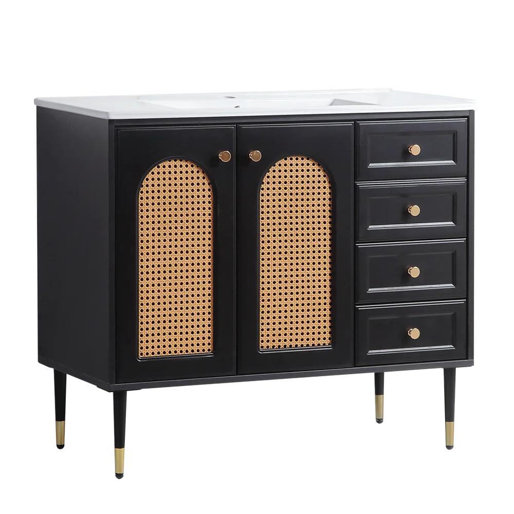 36 Inch Bathroom Vanity with Ceramic Basin Rattan Storage Cabinet