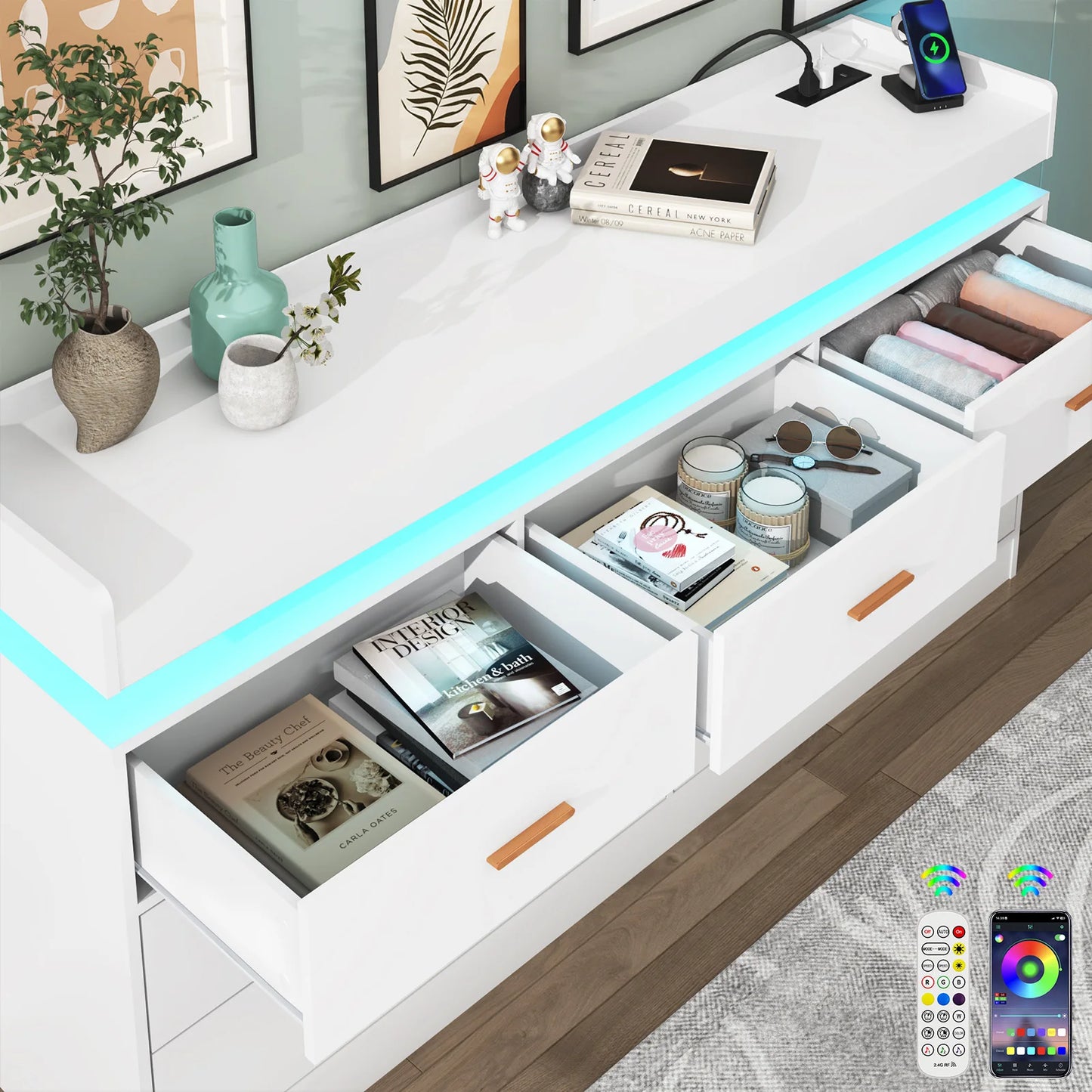 Modern 7 Drawer Dresser with LED Light Charging Station Chest of Drawers