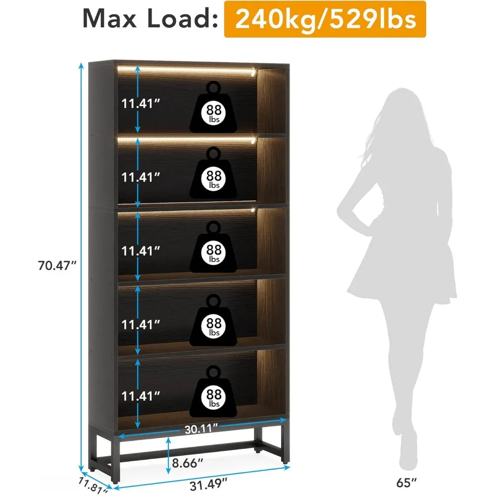 Tall Black Bookcase with LED Lights Heavy Duty Free-Standing Organizer