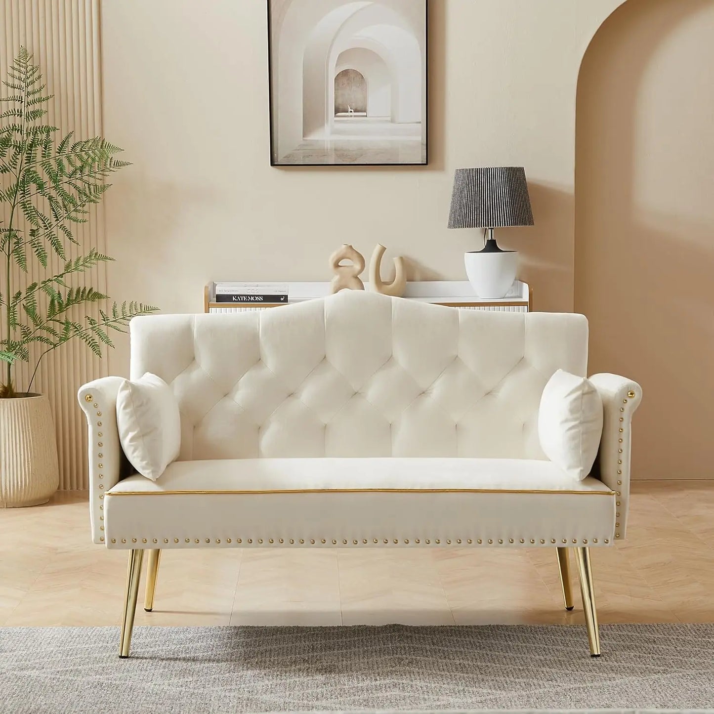 55 Inch Modern Velvet Loveseat Sofa with Gold Legs and Side Pockets