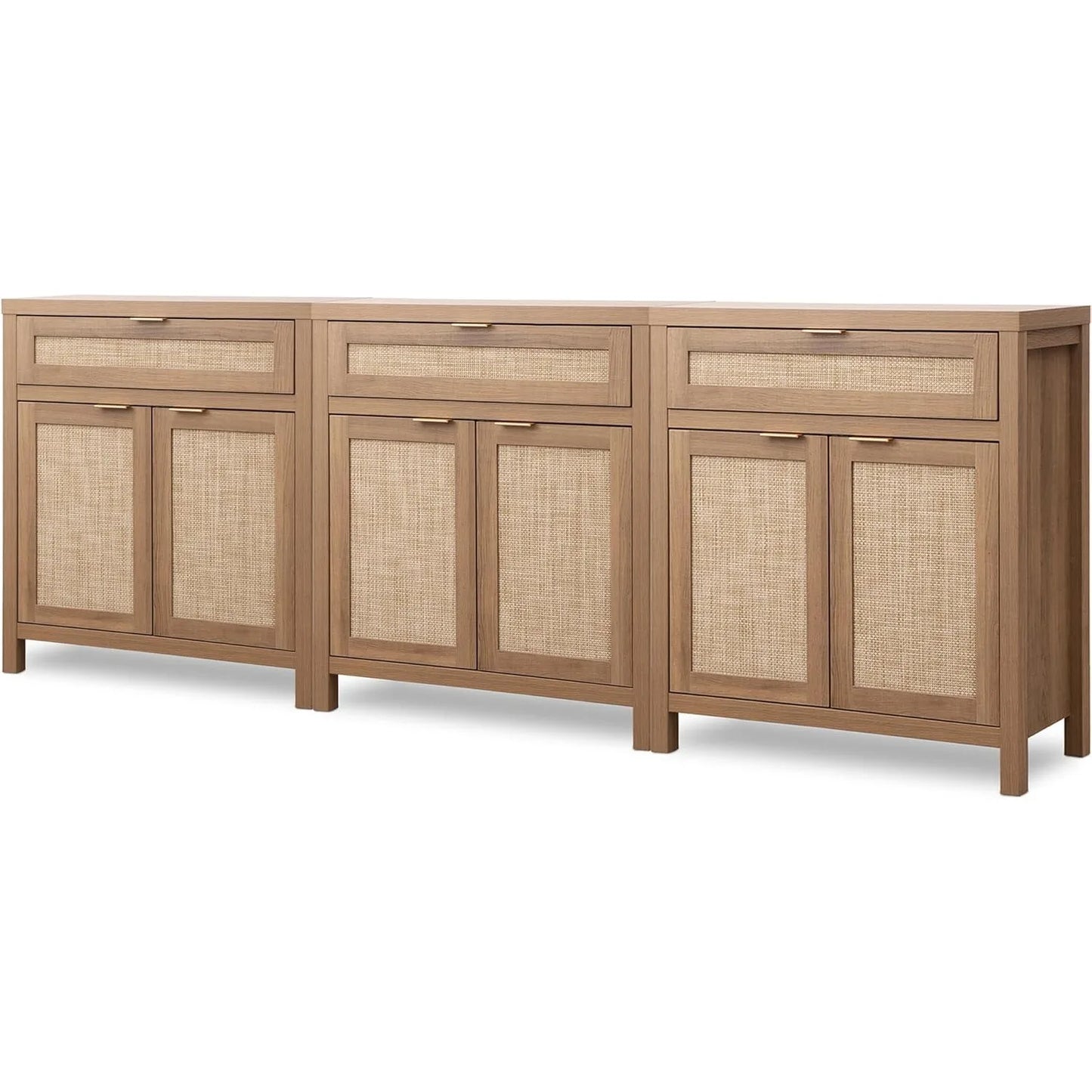 Ljustra Three Piece Side Panel Buffet Cabinet Rattan Storage Natural Oak