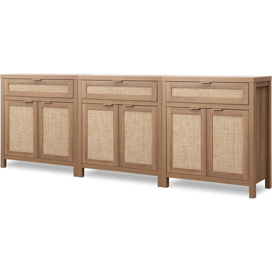 Ljustra Three Piece Side Panel Buffet Cabinet Rattan Storage Natural Oak