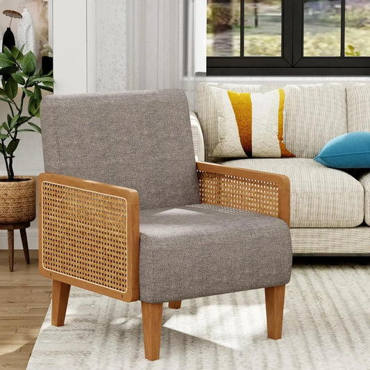 Mid Century Modern Accent Chair Rattan Oak Wood Upholstered Armchair