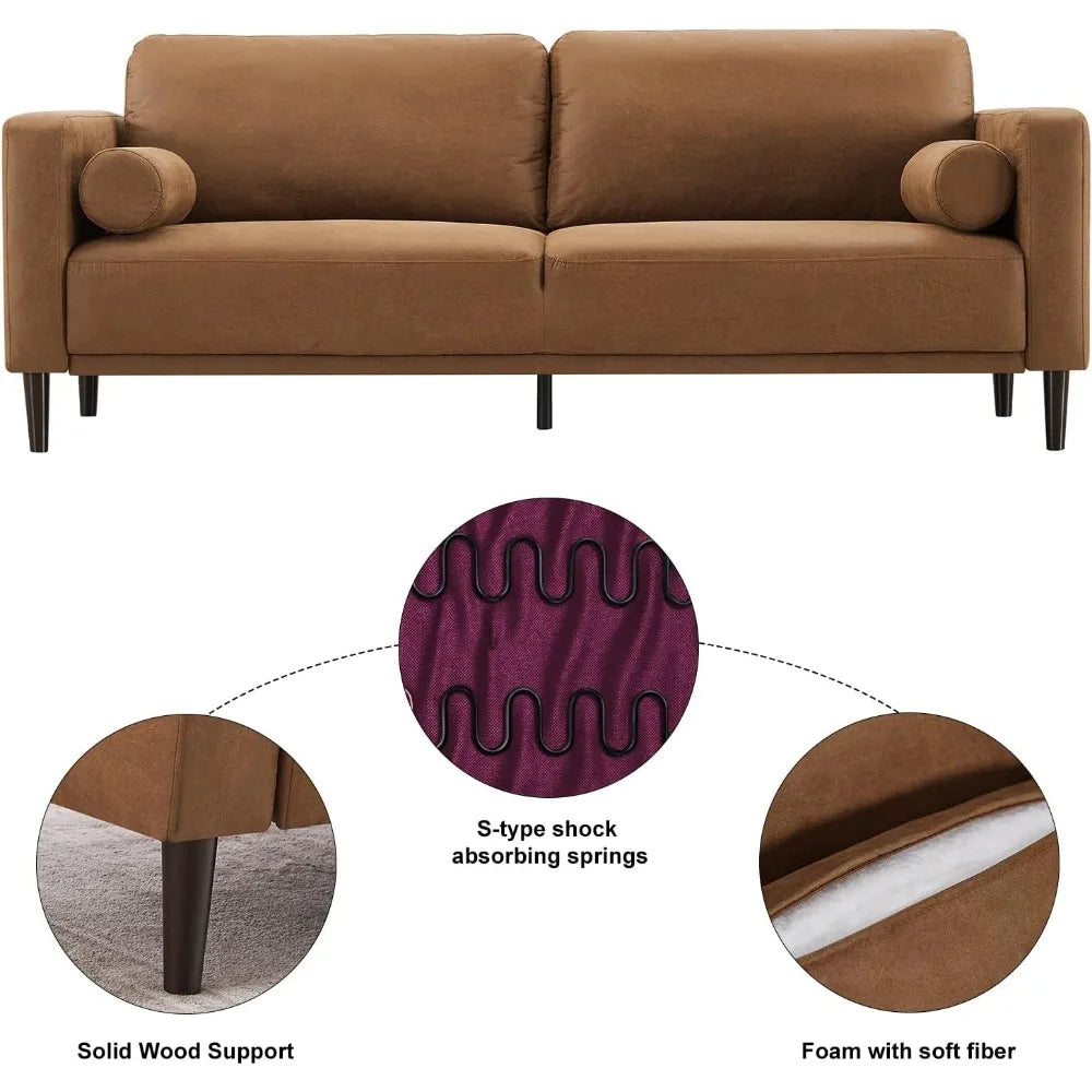 79” Mid-Century Faux Leather Sofa Couch – 3-Seater, Brown with Pillows