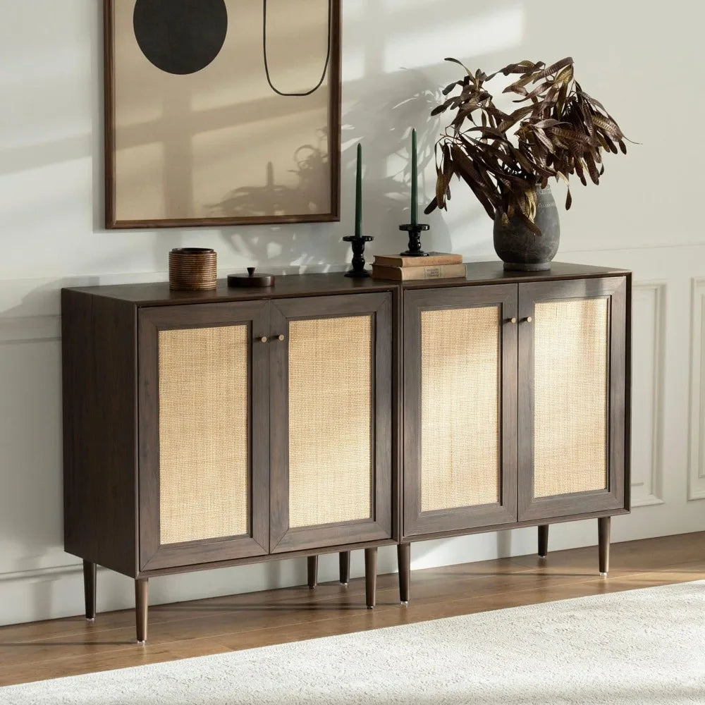 Natural Rattan Cabinet Sideboard Set of 2 Boho Buffet Storage