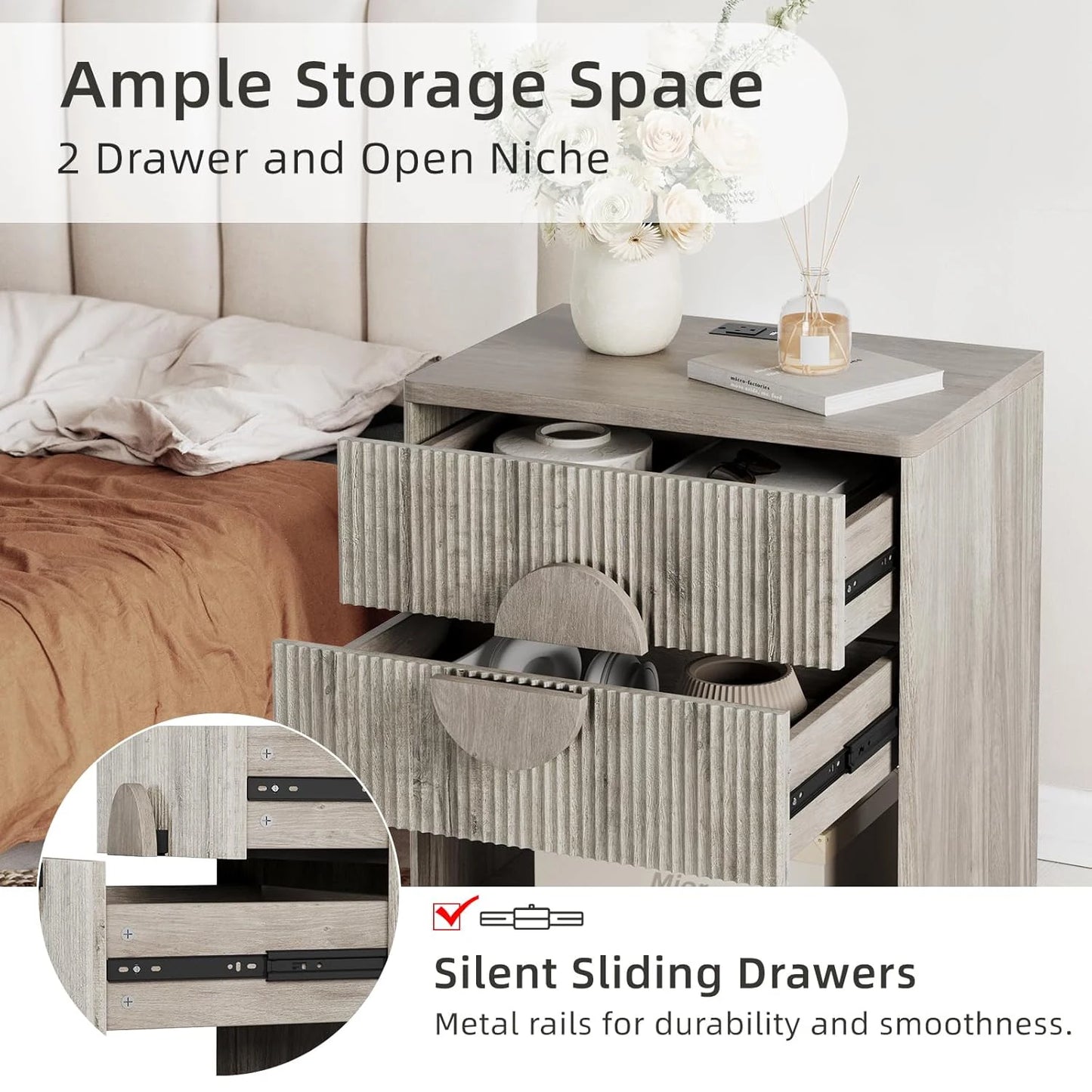 Large Fluted Nightstand Modern Bedside Table for Bedroom Living Room