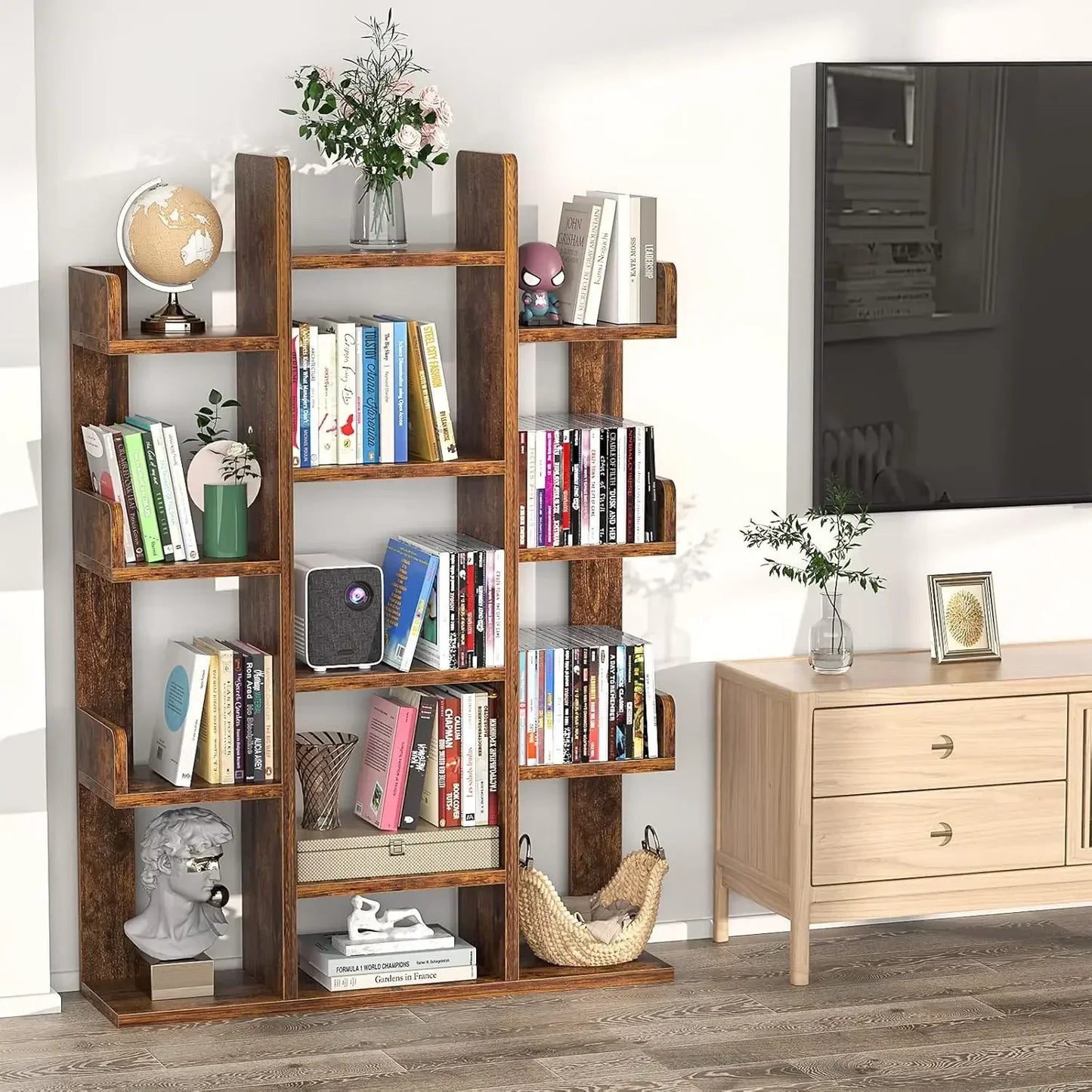 Tree-Shaped Bookshelf 13 Compartments Wooden Bookcase Storage Shelf