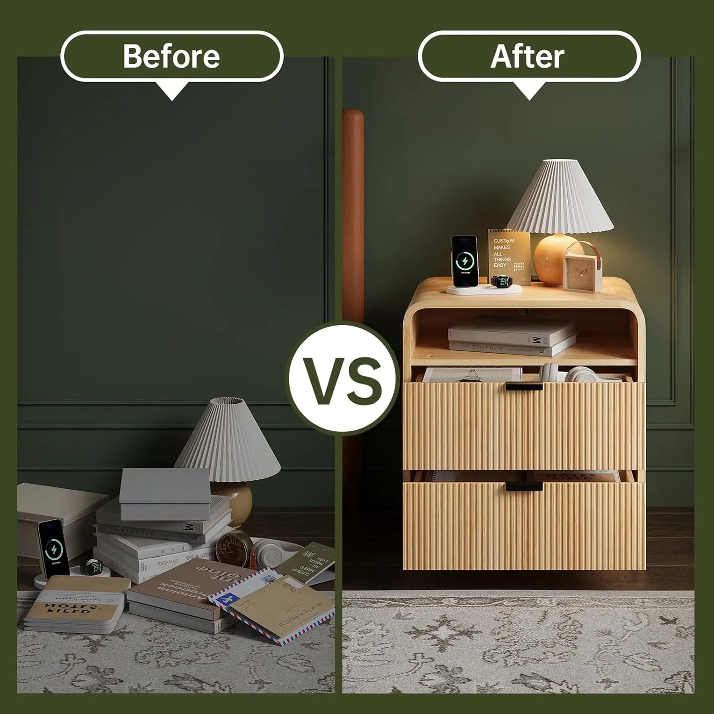 24 Inch Fluted Nightstand with Charging Station and 2 Drawers