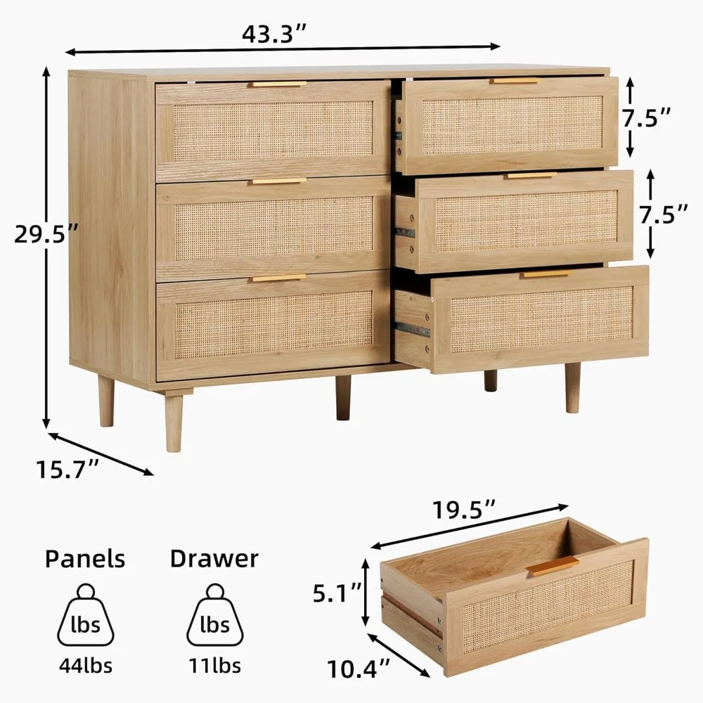 Rattan Dresser Bedroom Storage 6 Drawer Modern Chest with Gold Handles