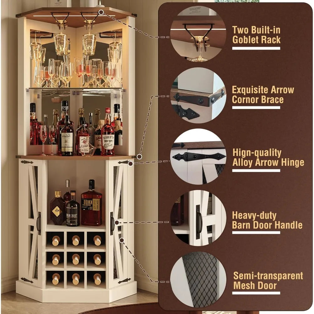 Corner Bar Cabinet 72 Inch Wine Storage LED Lights Glass Rack Coffee Station