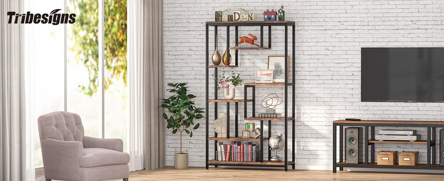 Ljustra Modern 8-Tier Staggered Bookcase Wide Wood Etagere Shelving Unit