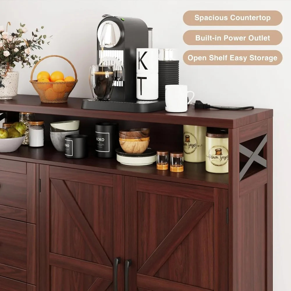 47 Inch Dark Brown Farmhouse Storage Cabinet with Barn Doors and Drawers