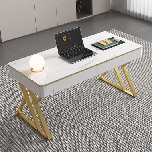 Office Computer Desk Tempered Glass Marble Pattern White Wooden Drawers