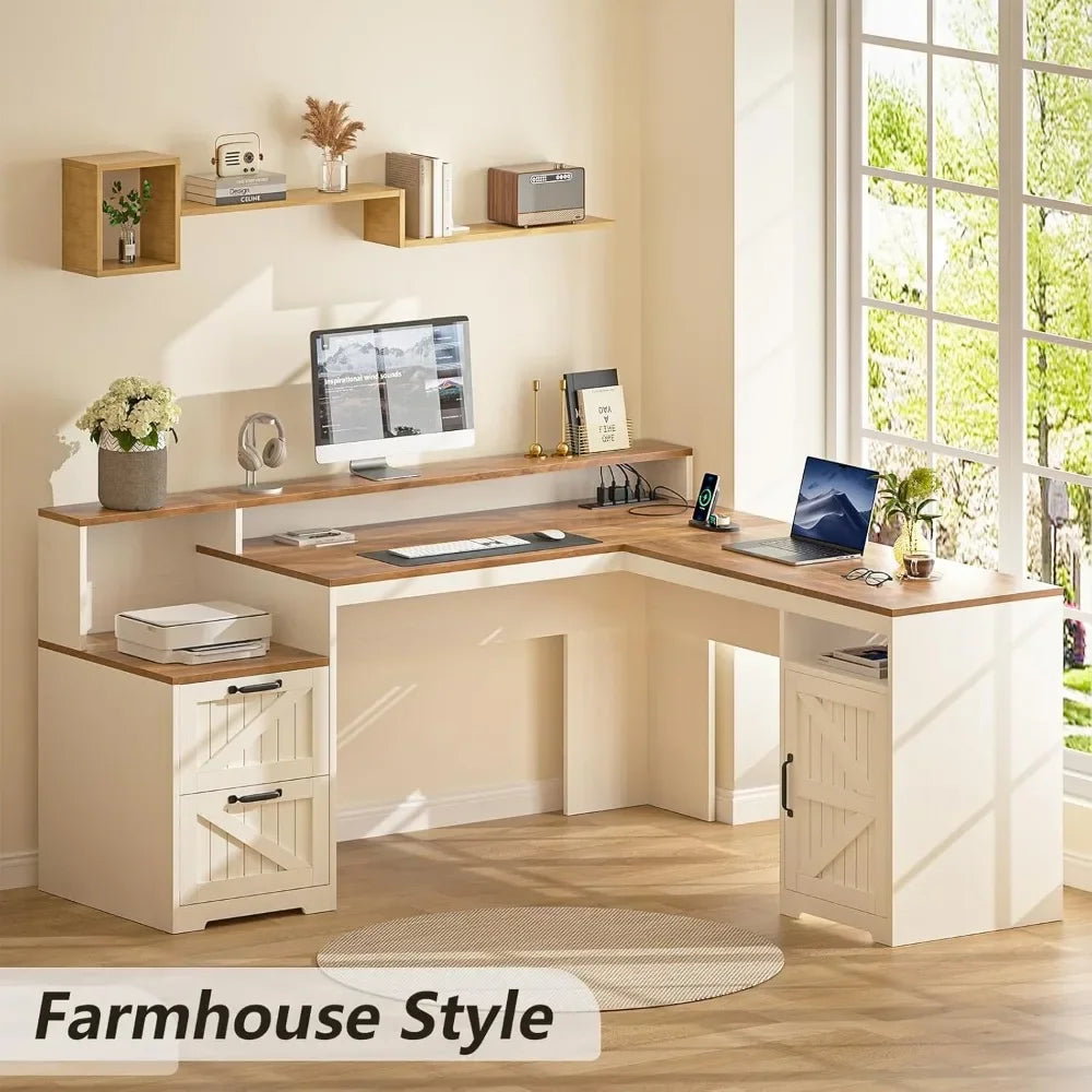 63 Farmhouse L Shaped Executive Desk with Storage and Power Outlets