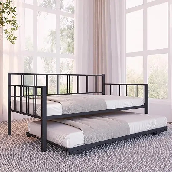 Modern Black Twin Daybed with Pop-Up Trundle and Backrest for Small Spaces