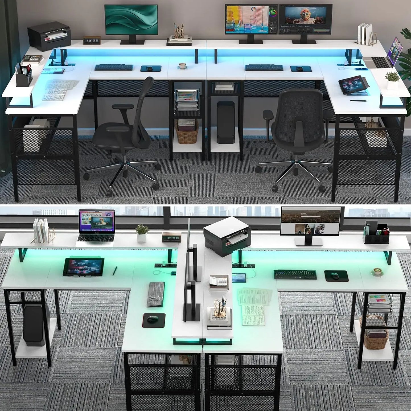 L Shaped Computer Desk with LED Strip Power Outlets Storage Shelf Gaming