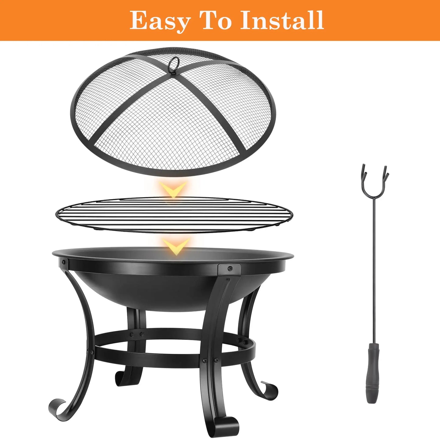 22 Inch Round Fire Pit Curved Iron Outdoor Wood Burning Patio Decoration