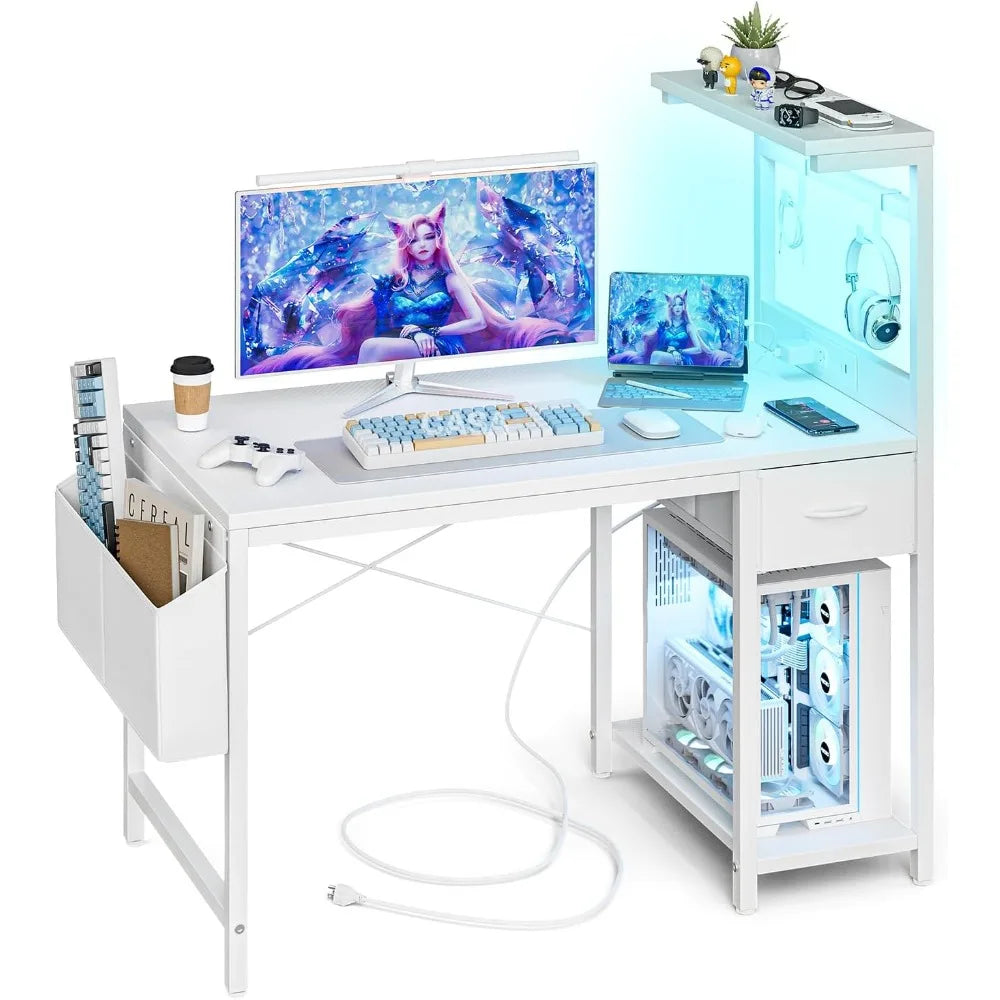 Gaming Desk 47 Inch with Power Outlet LED Light and Storage Drawer