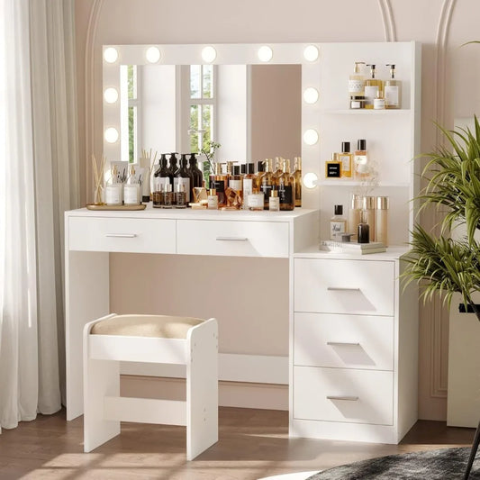 46.7 Inch Makeup Vanity Set with LED Lights and Mirror and 5 Drawers