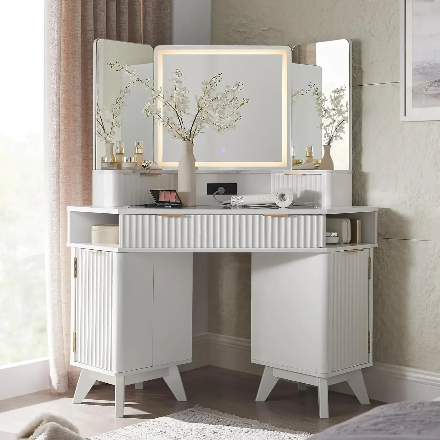 Fluted Makeup Vanity Desk with 3 Way Mirror Lights Charging Station Storage