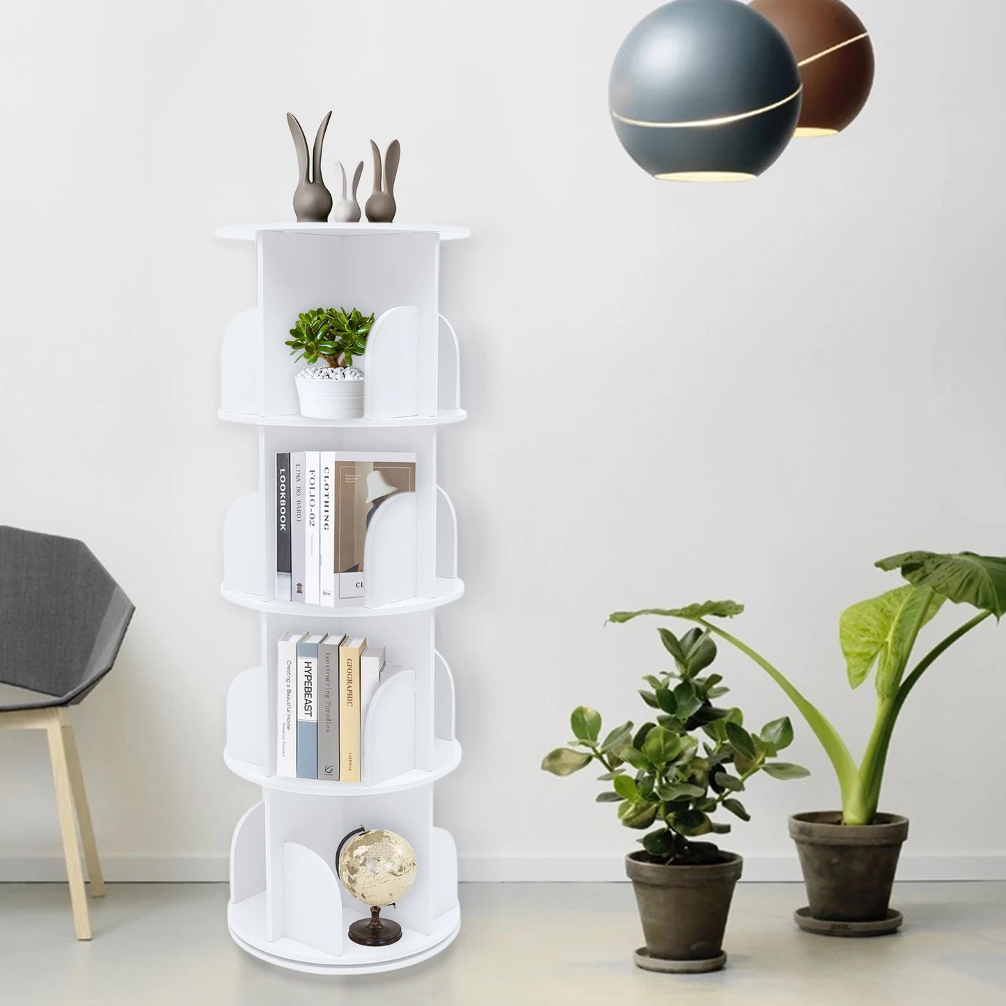 Rotating Bookshelf 4 Tiers 360° Silent Modern White Storage Shelf