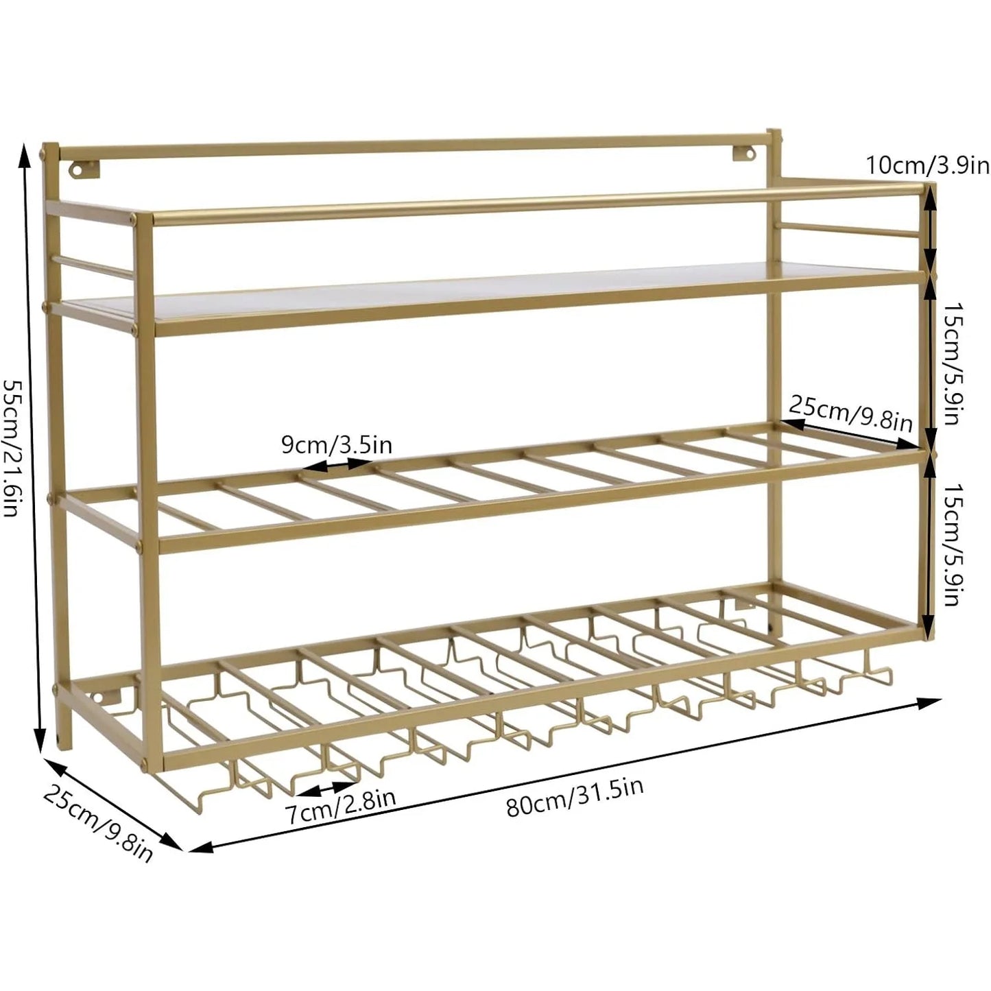Wine Rack Wall Mounted 3 Layer Metal Storage Shelf Goblet Holder