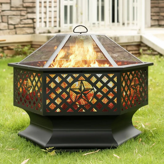 33 Inch Hexagon Outdoor Fire Pit Wood Burning Metal Firepit for Backyard