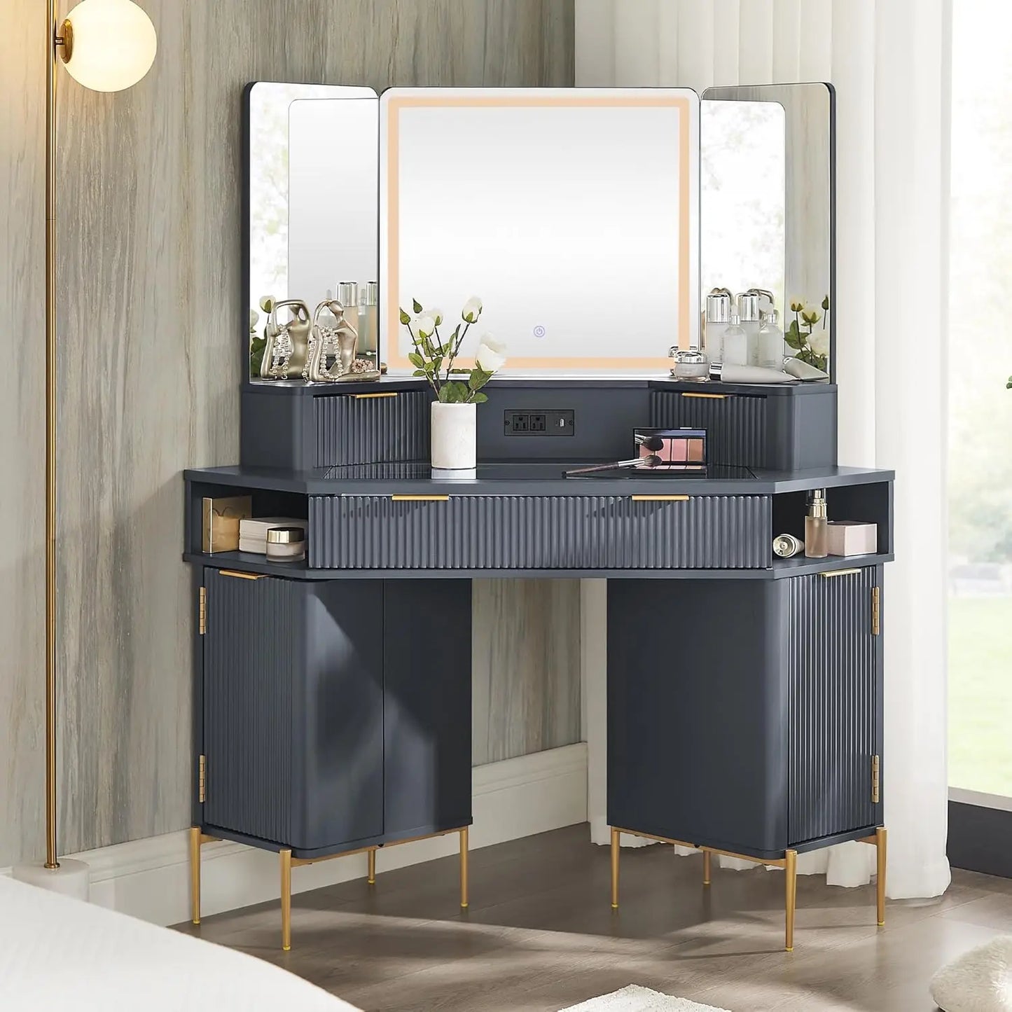 Corner Vanity Desk with Mirror Lights Storage and Charging Outlet