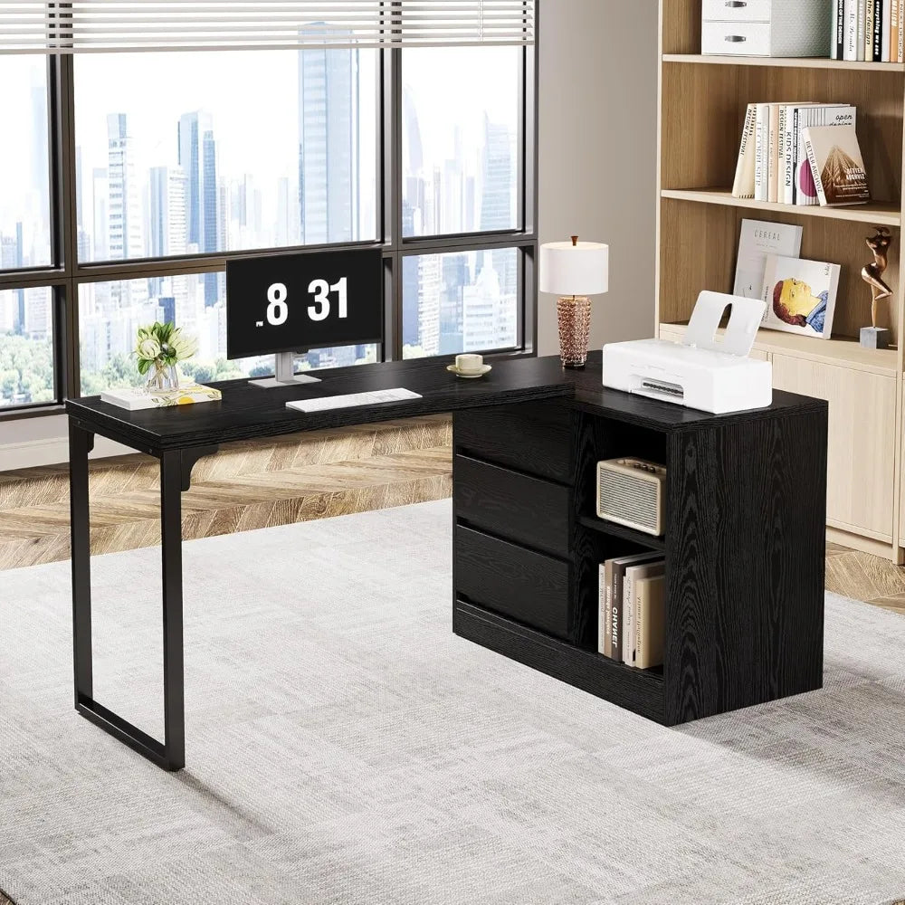 L-Shaped Computer Desk with Drawers Shelves Reversible Corner Office Desk