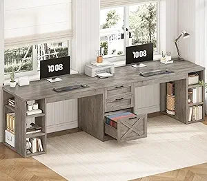 Farmhouse Computer Desk 96.5 Inch Two Person Office Gaming Desk with Drawers