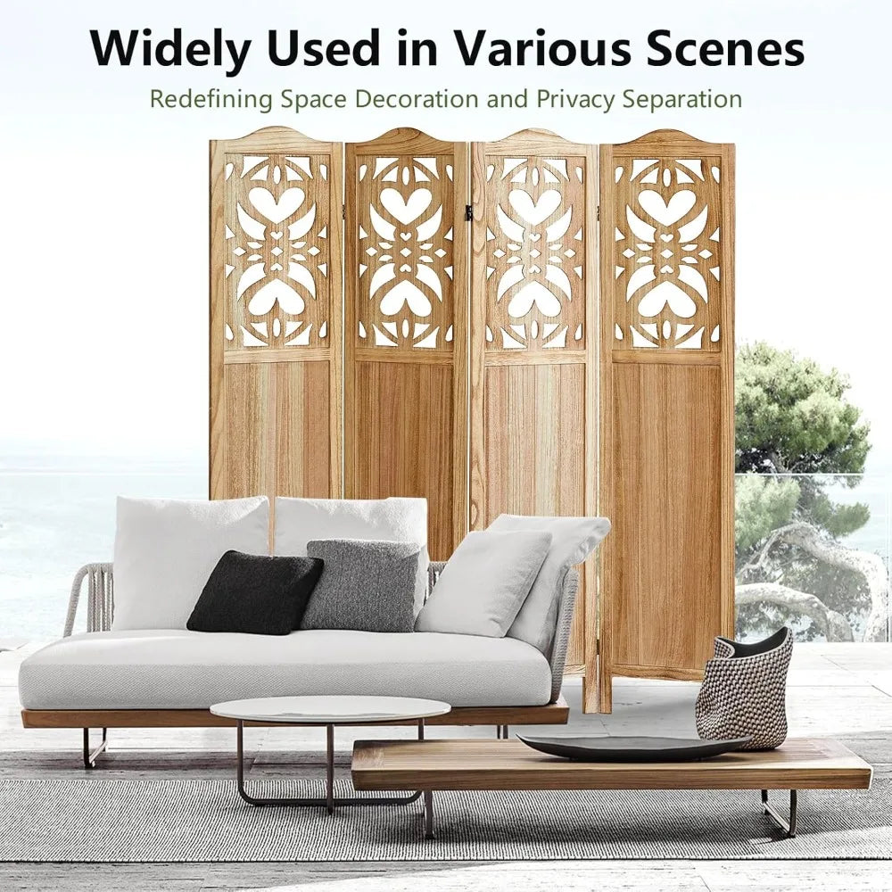 4 Panel Wood Carved Room Divider Folding Privacy Screen 5.6FT Tall