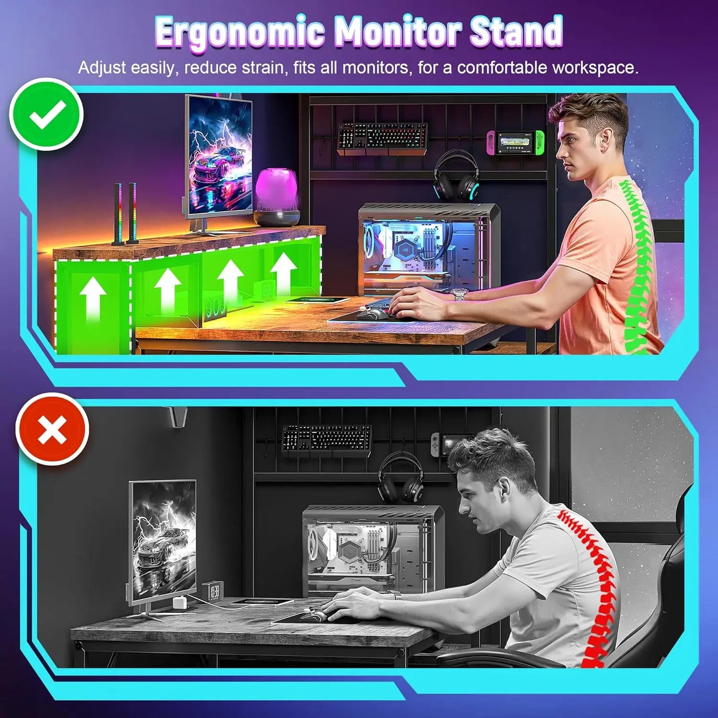 55 Inch Gaming Desk with LED Lights and Outlets Computer Desk Storage