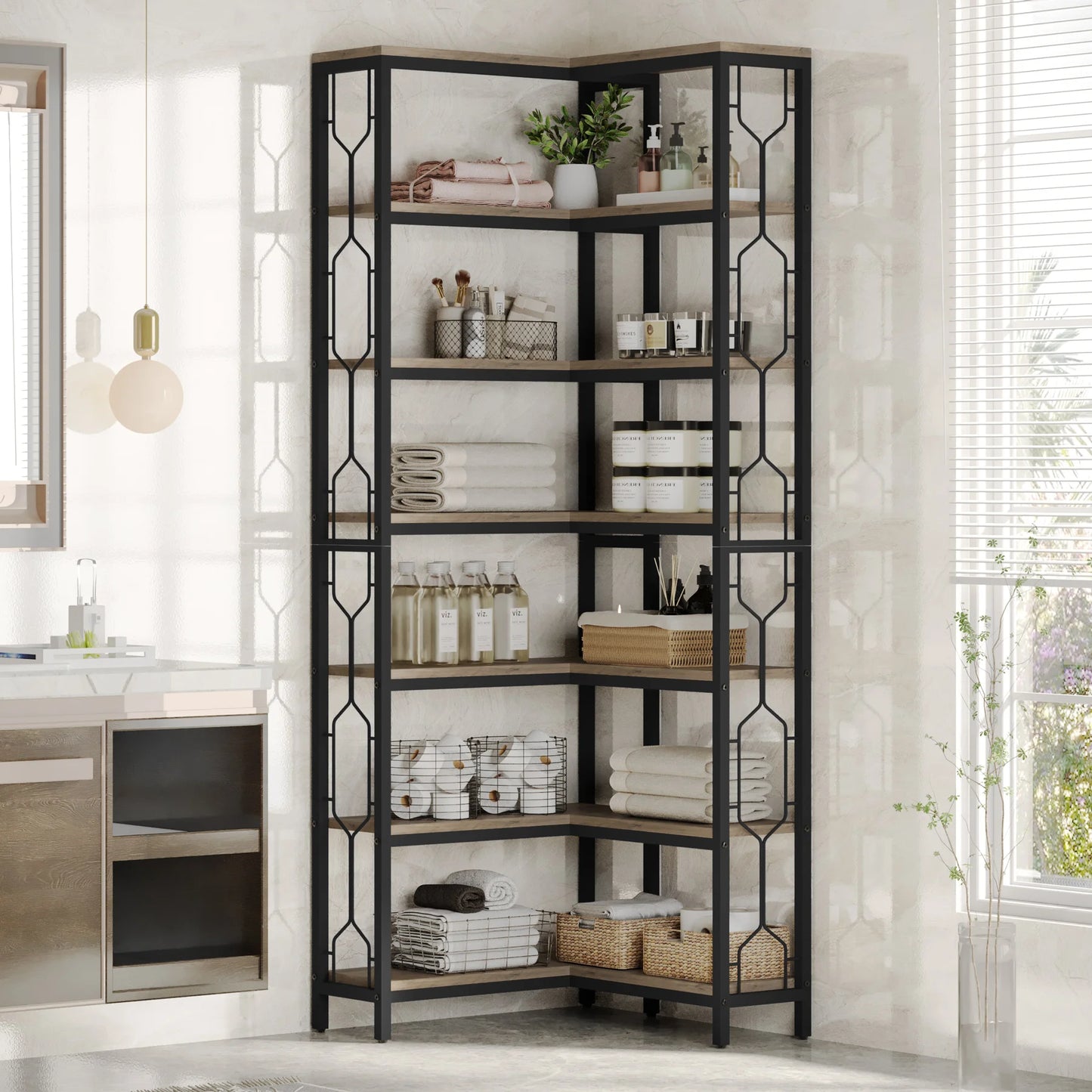 Ljustra 7-Shelf Corner Bookshelf Modern Corner Bookcase Storage Rack