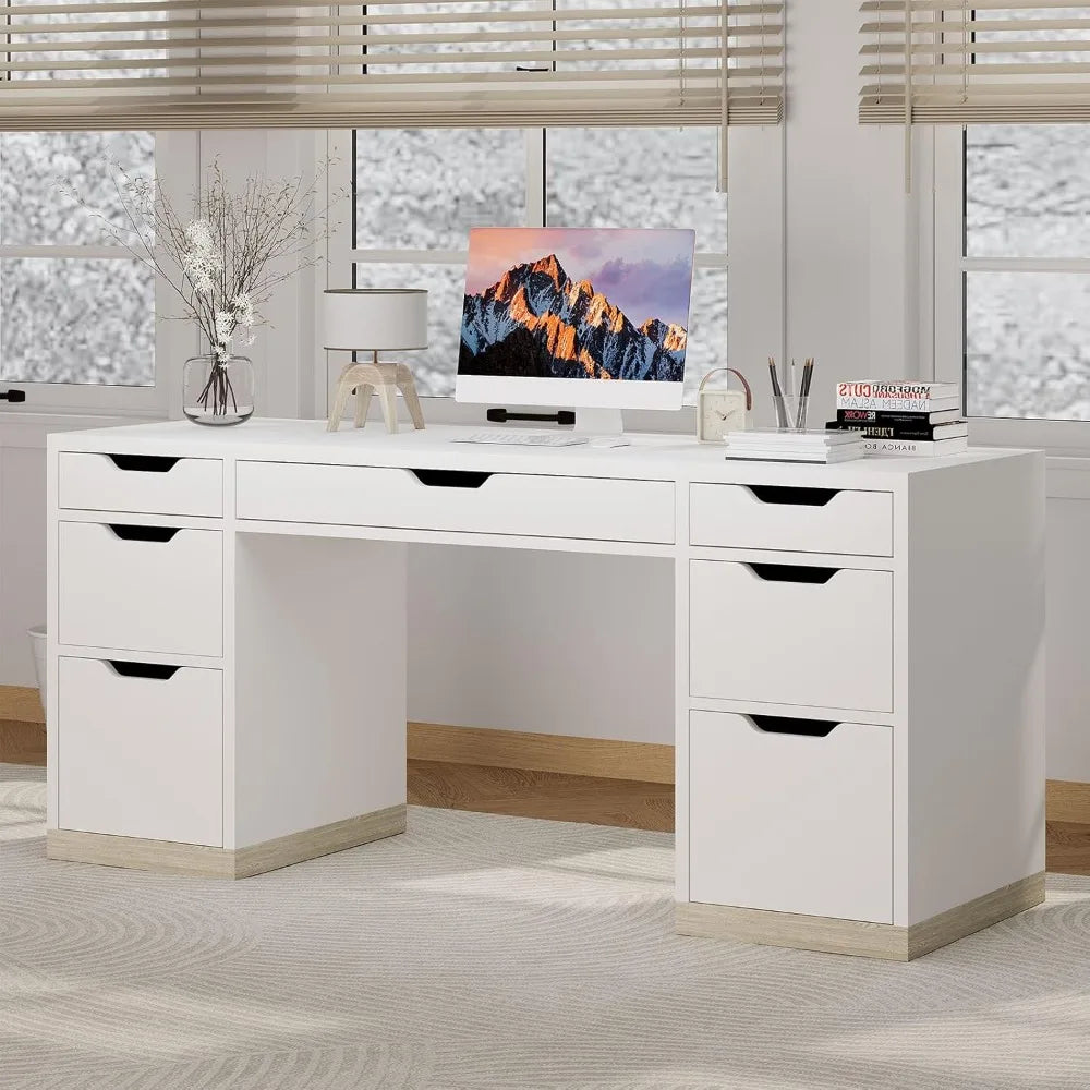 54 Inch White Desk with 7 Storage Drawers Home Office Computer Desk