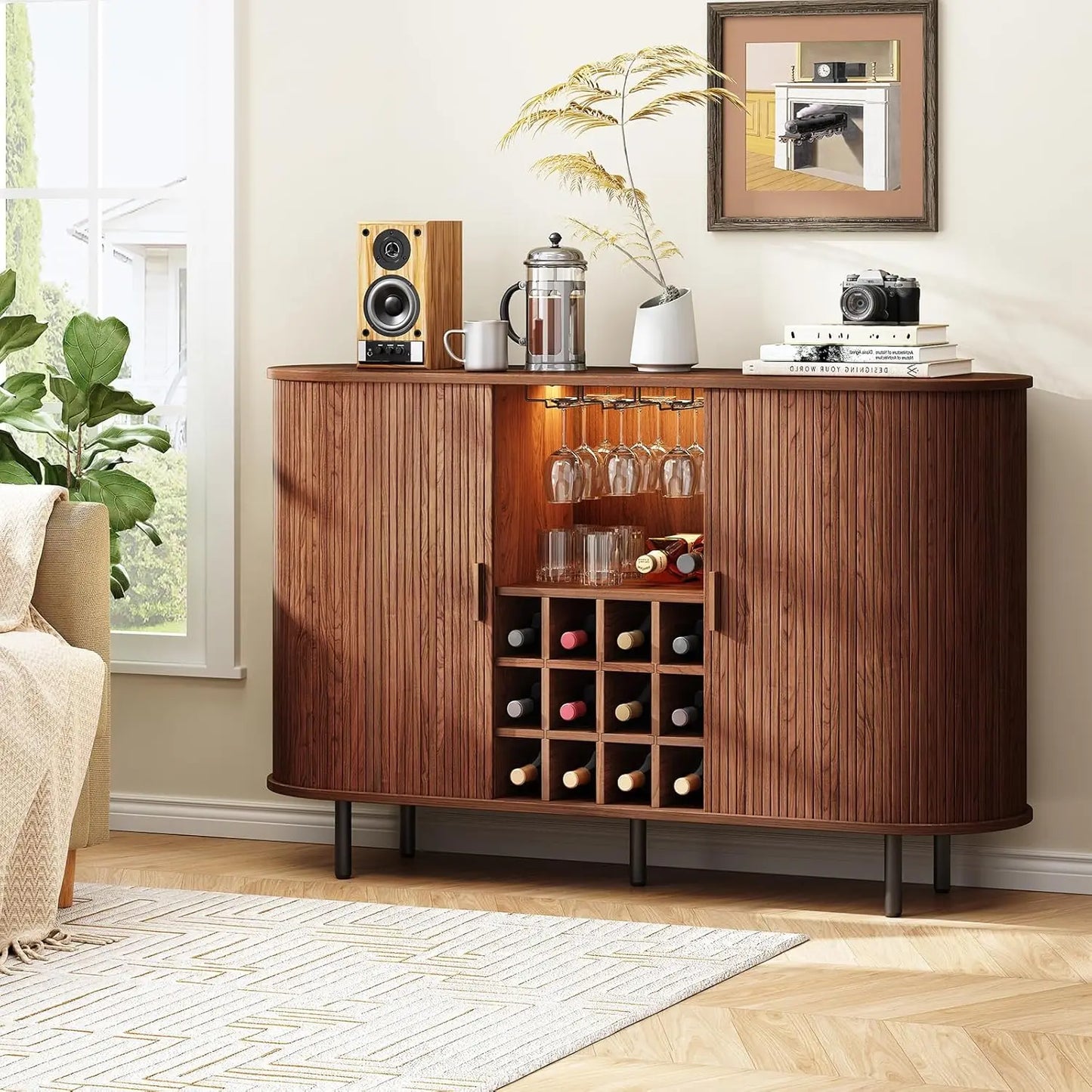 55" Wine Bar Cabinet LED Light Modern Liquor Whiskey Coffee Station