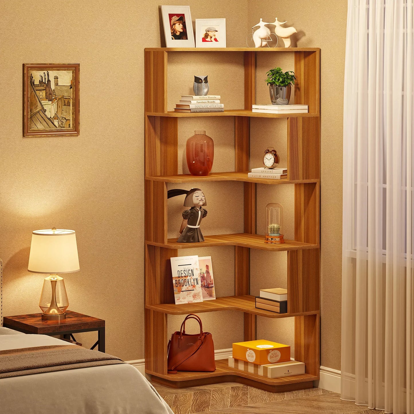 Ljustra 6 Tier Corner Bookshelf Industrial Wood Grain Bookcase
