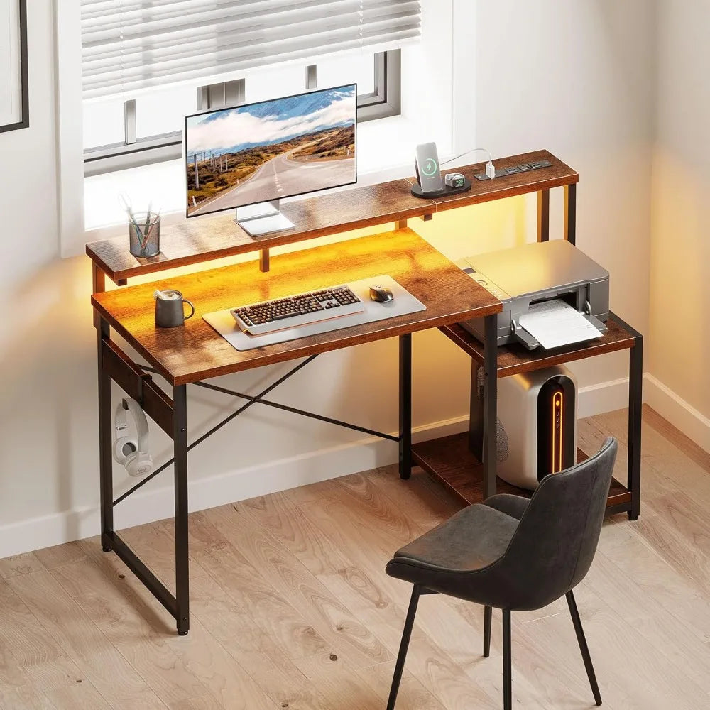 48 Inch Computer Desk Gaming Desk with LED Lights Power Outlet Shelves