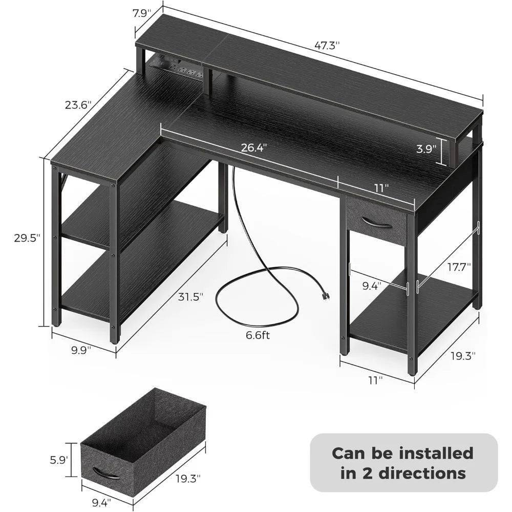 L Shaped Desk with LED Lights Power Outlets Monitor Stand Gaming Desk