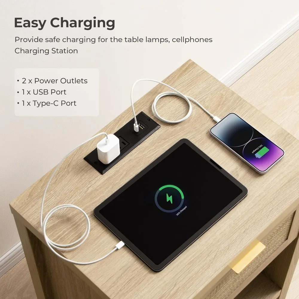 Set of 2 Boho End Side Tables with USB Type-C Ports for Small Spaces