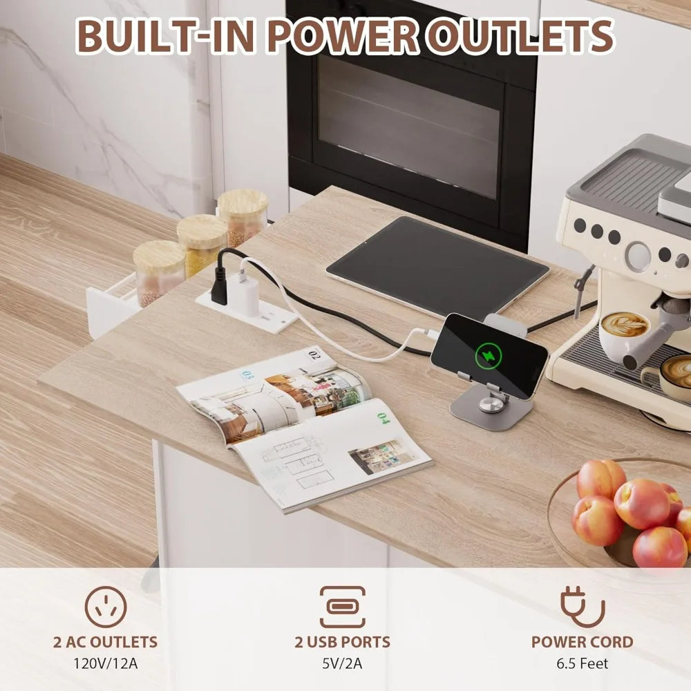 Kitchen Island with Storage Rolling Cart Drop Leaf Power Outlet