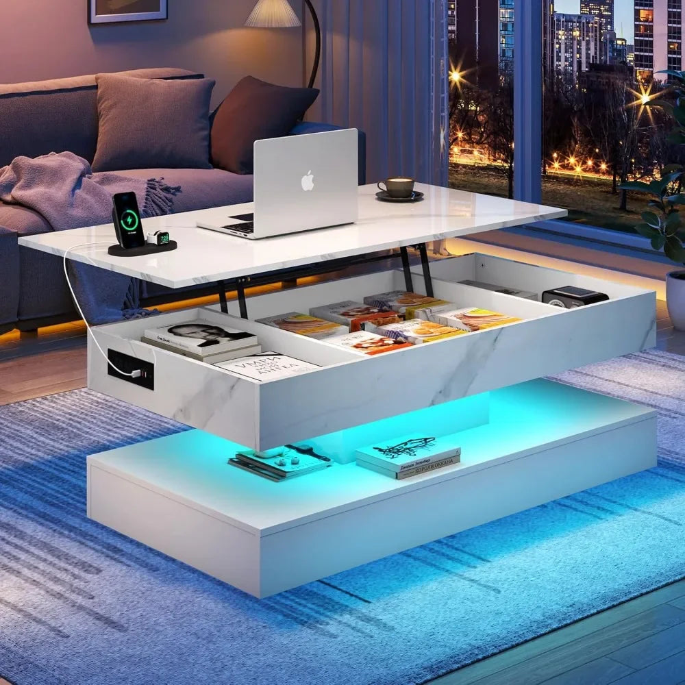 Large Lift Top Coffee Table with Charging Station LED Modern Design