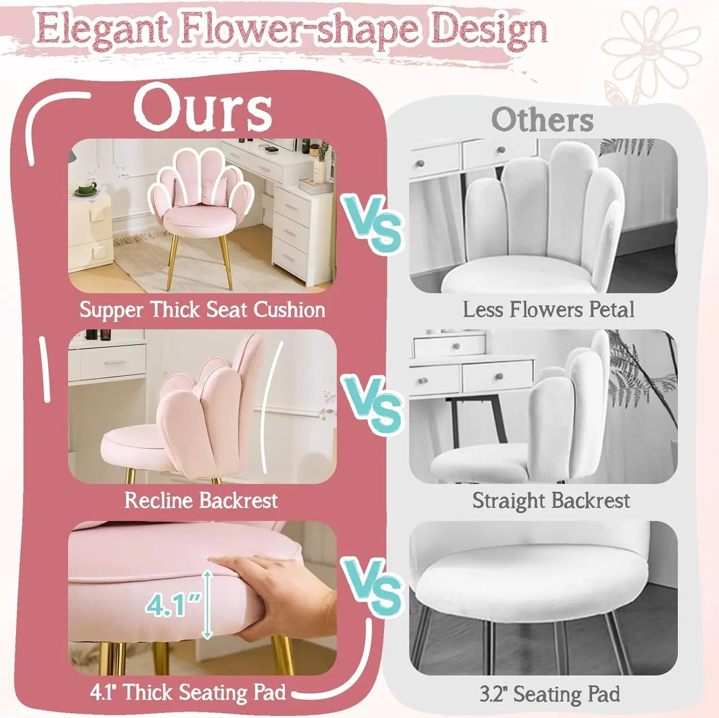 Petal Makeup Vanity Chair Cute Girls Desk Chair Modern Accent Chair