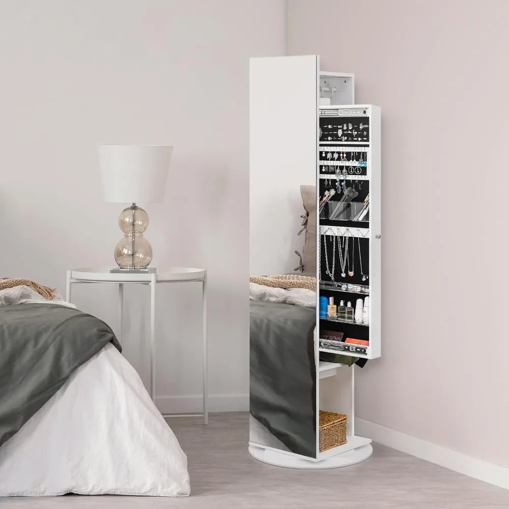 Jewelry Armoire Full-Length Mirror 360° Rotating Organizer Cabinet Storage