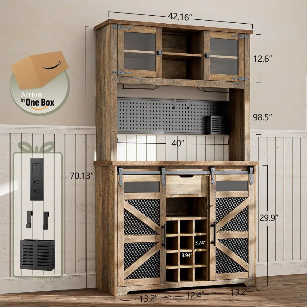 Kitchen Buffet Cabinet with Power Outlet LED Light 70 inch Storage Shelves