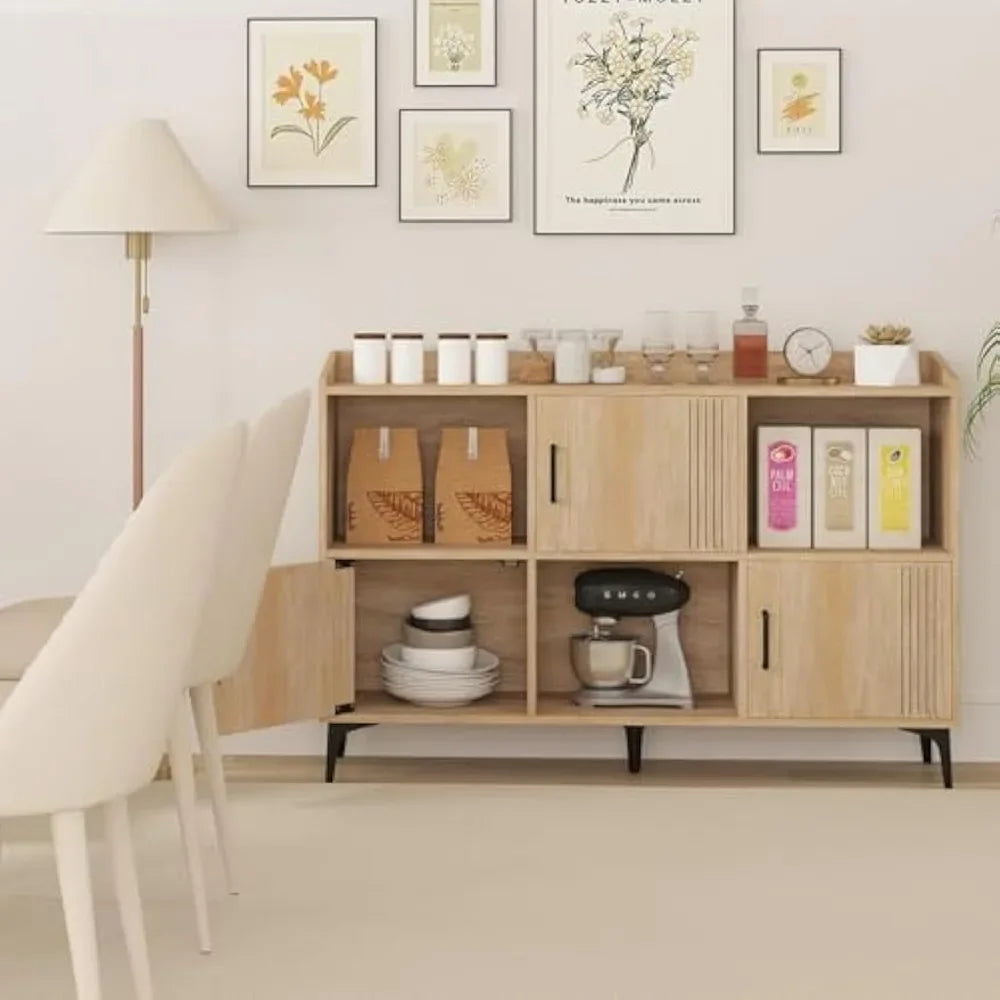 "Storage Cabinet, Sideboard with 3 Doors & 3 Open Compartments – Bookcase with 5 Metal Legs, Multi-Functional Buffet Table Desi